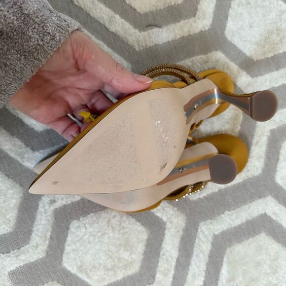 Sam Edelman Agustina Rhinestone Embellished Satin Mules in Golden Yellow 6 - Picture 11 of 11